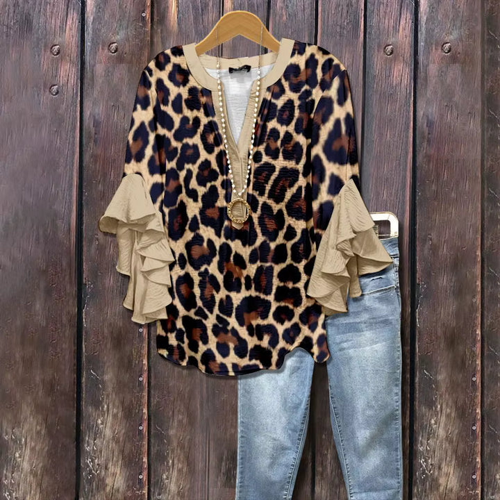 Elegant Damebluse med Kunstnerisk Print og Flæseærmer
