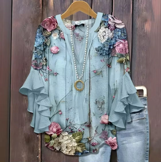 Elegant Damebluse med Kunstnerisk Print og Flæseærmer