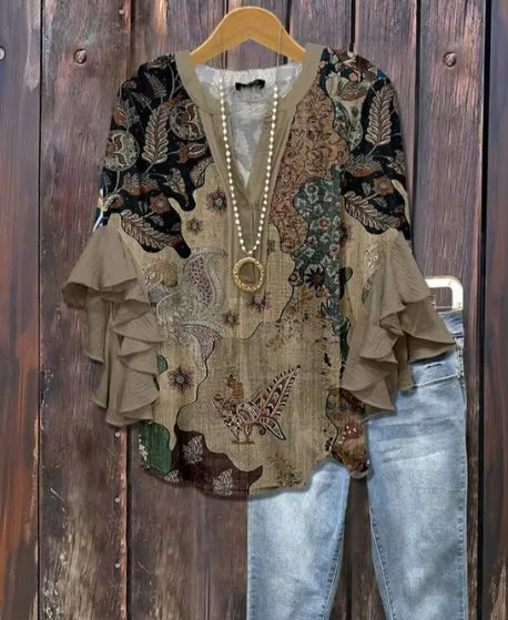 Elegant Damebluse med Kunstnerisk Print og Flæseærmer