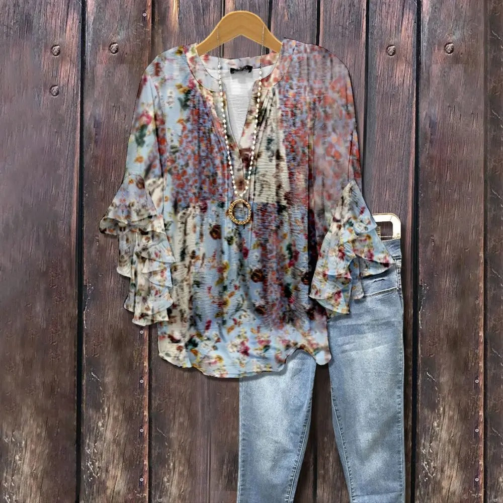 Dame Boheme Bluse med Flæseærmer – Afslappet Komfort og Stil
