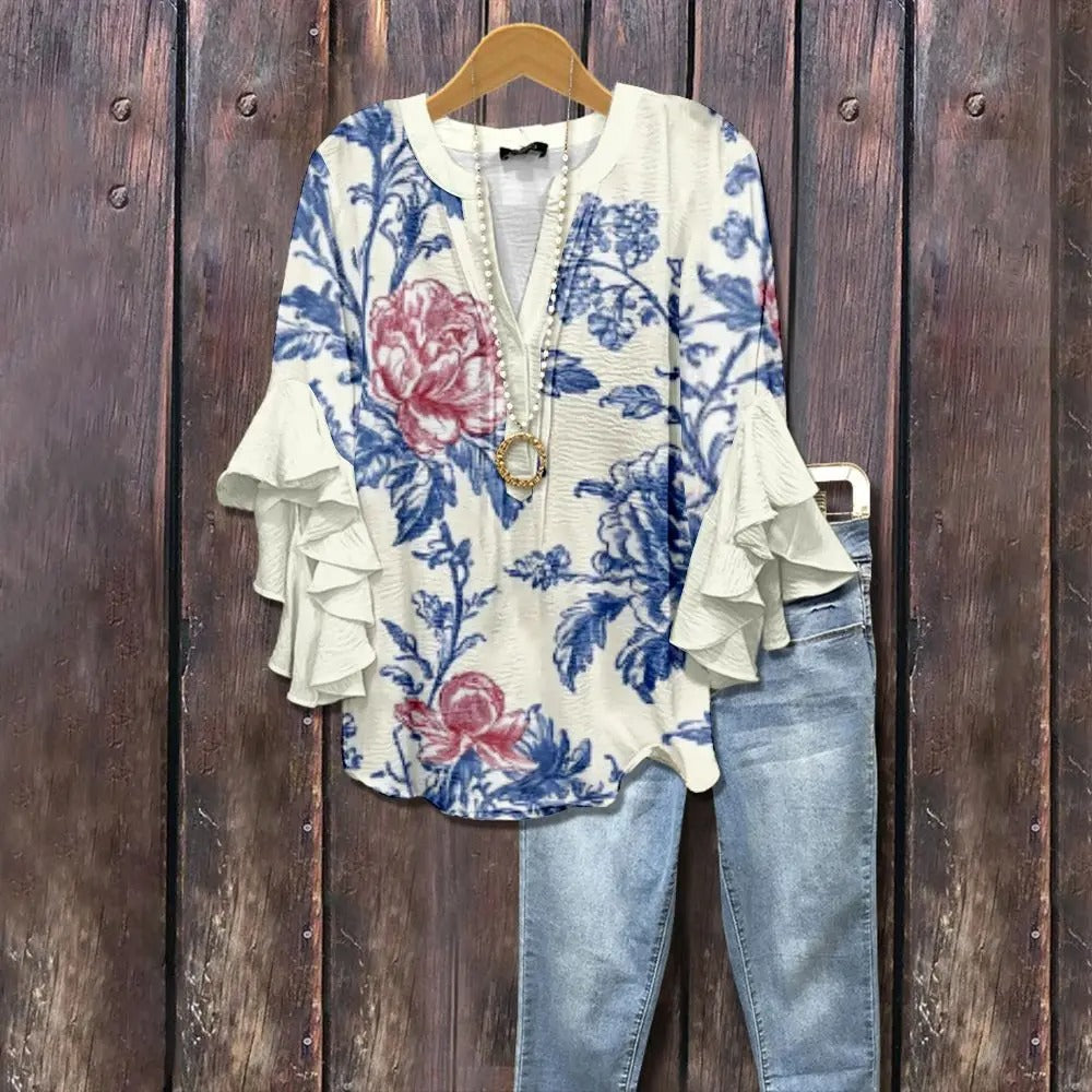 Dame Boheme Bluse med Flæseærmer – Afslappet Komfort og Stil