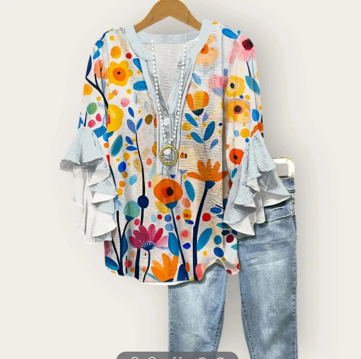 Dame Boheme Bluse med Flæseærmer – Afslappet Komfort og Stil