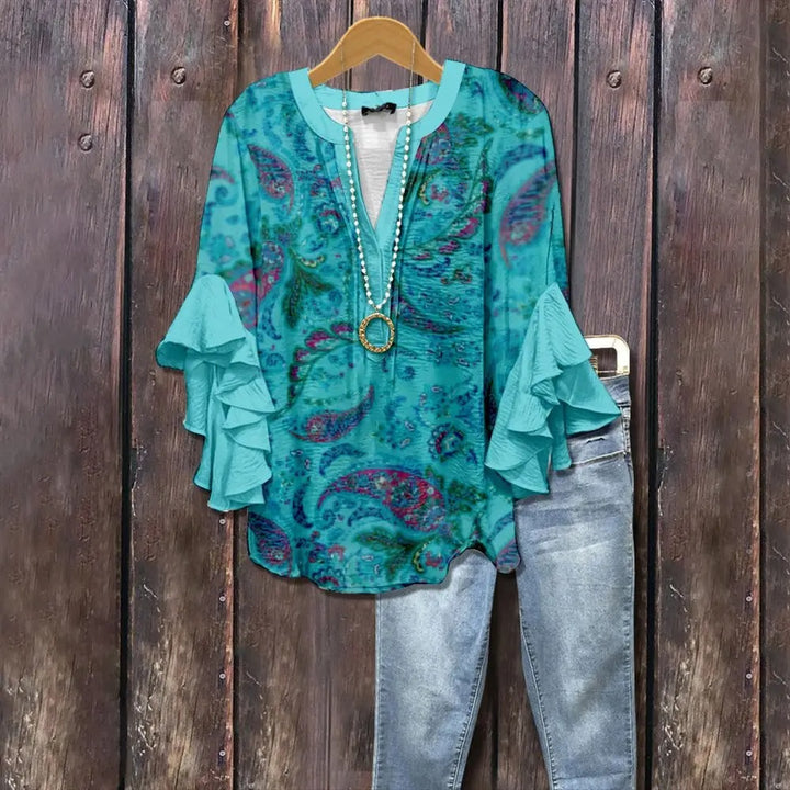 Dame Boheme Bluse med Flæseærmer – Afslappet Komfort og Stil