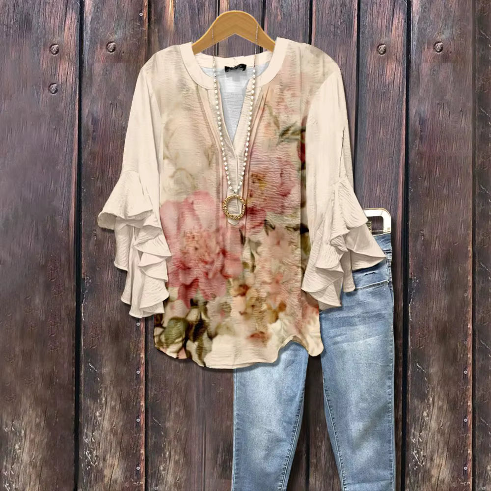 Elegant Damebluse med Kunstnerisk Print og Flæseærmer