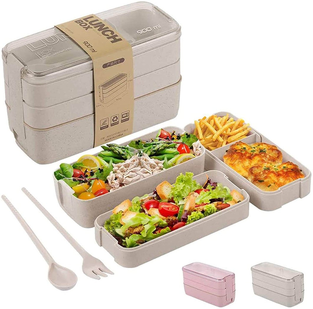 "3-lags bento madkasse i beige og lyserød, lufttæt, mikrobølge- og opvaskemaskinesikker, ideel til frokostopbevaring."