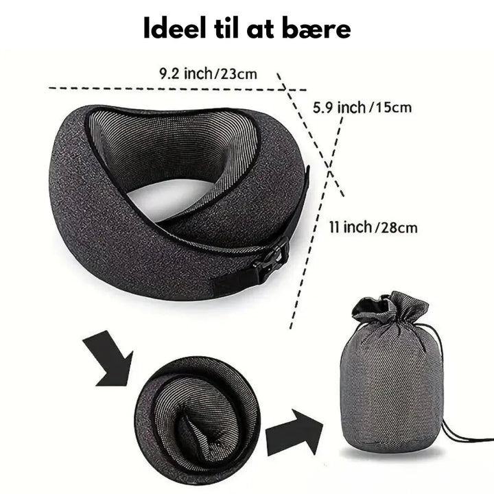 360° sort nakkepude med memory-skum, magnetisk stof og justerbar velcro. Perfekt til rejser med opbevaringspose inkluderet.