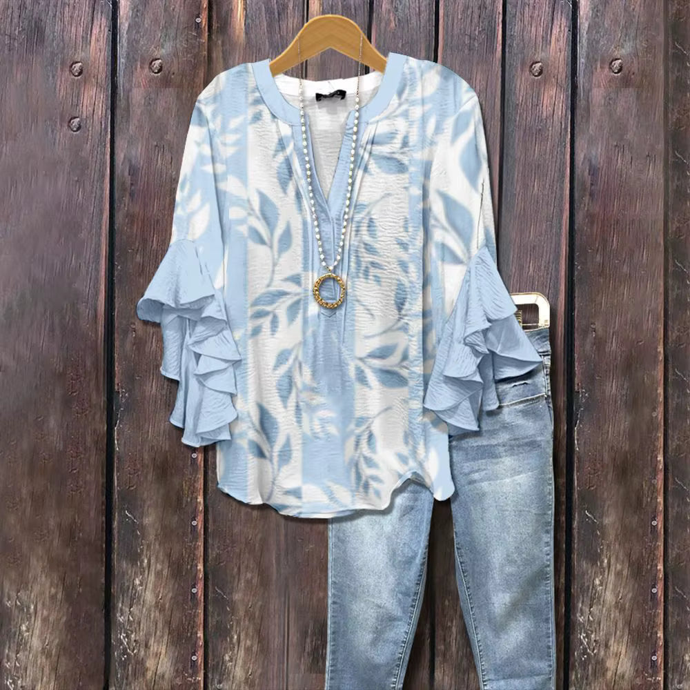Elegant Damebluse med Kunstnerisk Print og Flæseærmer