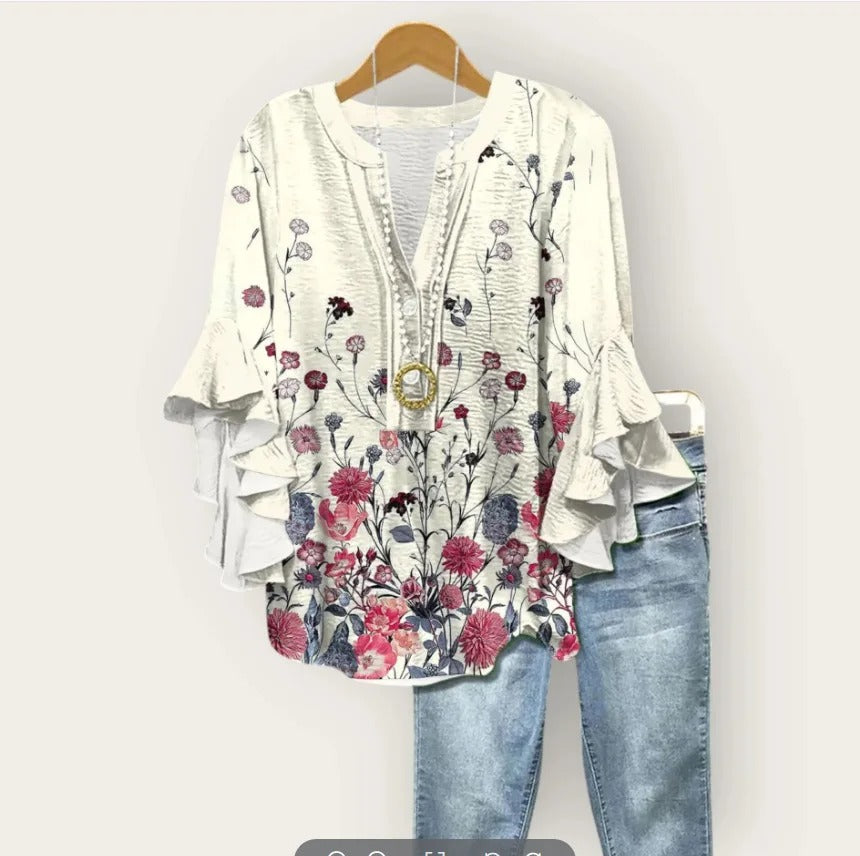 Dame Boheme Bluse med Flæseærmer – Afslappet Komfort og Stil