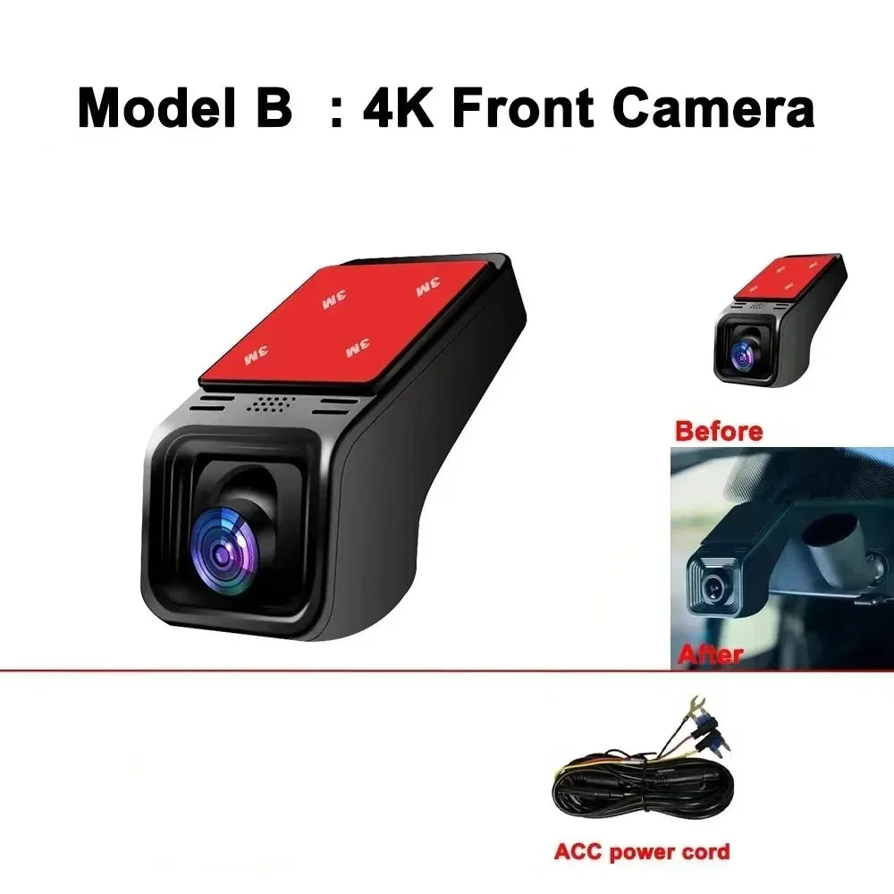 Detaljeret 4K dashcam frontkamera monteret i bil. Optager kørsel i skarp kvalitet med vidvinkel.