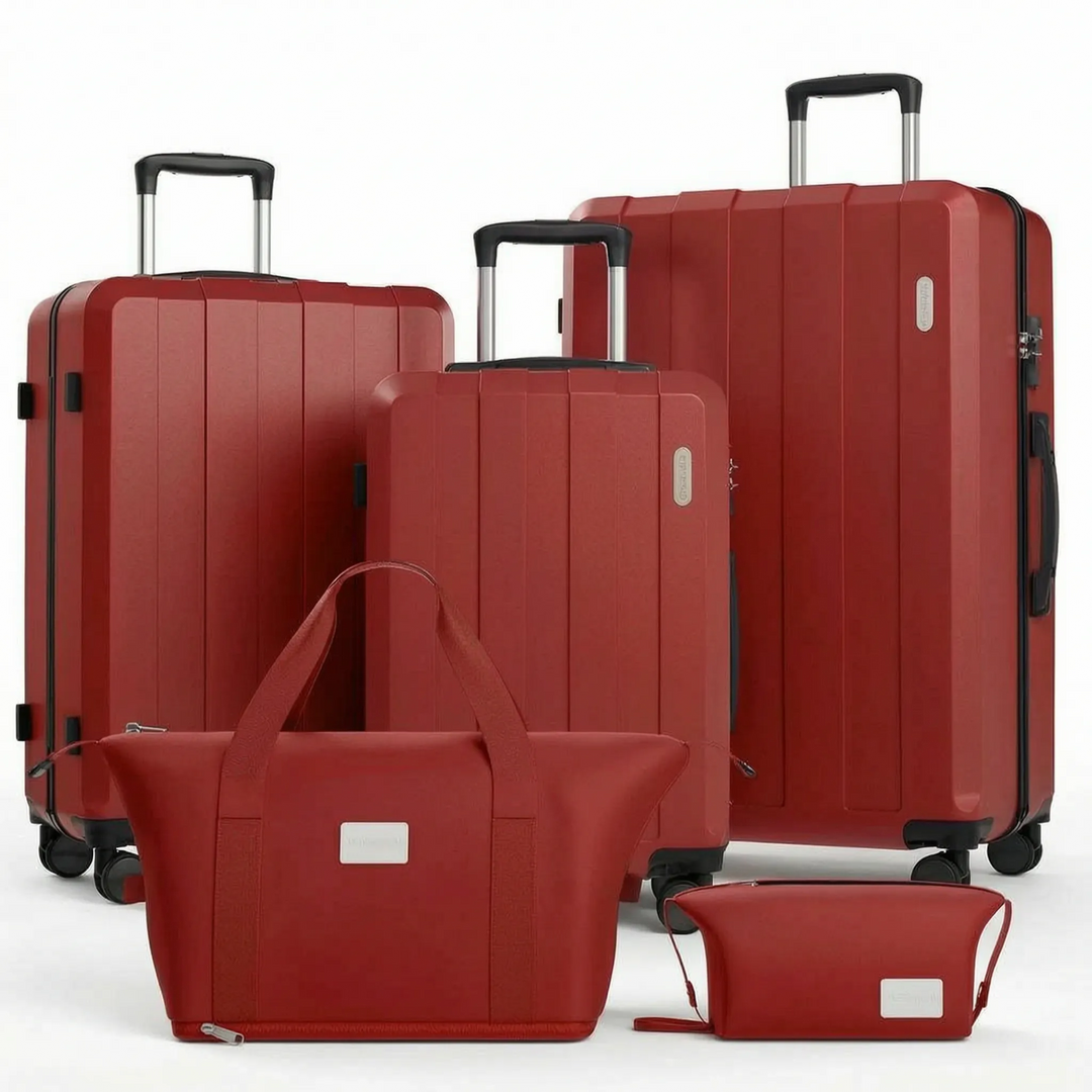 Komplet rejsekit: 5-delt kuffertsæt i hardcase med drejehjul og TSA-lås, sikrer organiseret bagage på ferien.