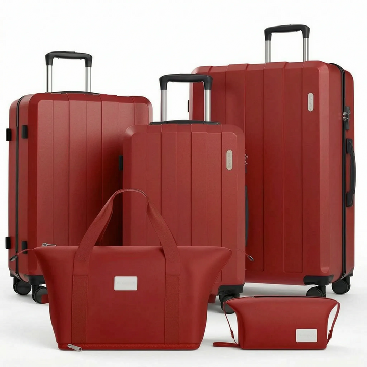 Komplet rejsekit: 5-delt kuffertsæt i hardcase med drejehjul og TSA-lås, sikrer organiseret bagage på ferien.