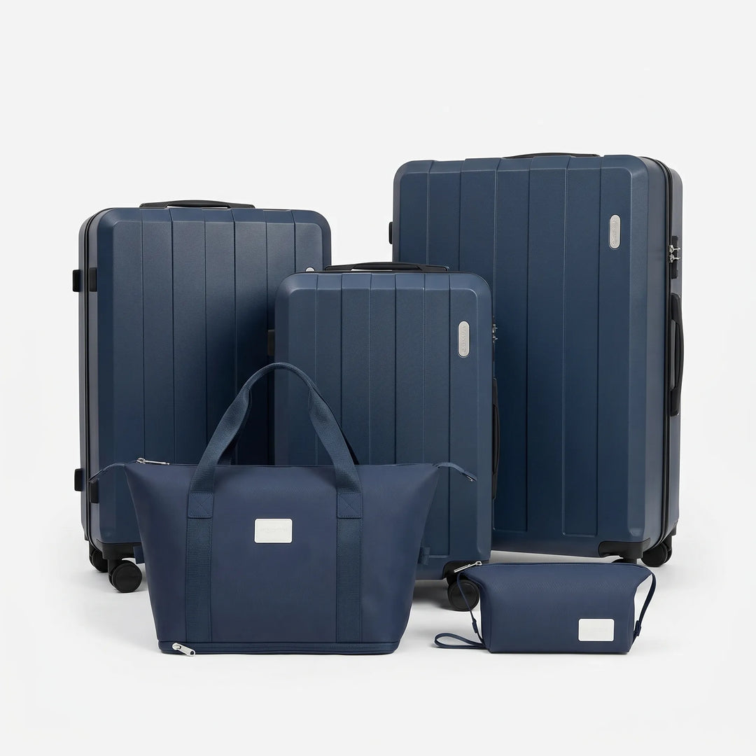 Robust 5-delt hardcase kuffertsæt med TSA-lås og drejehjul til sikker og holdbar rejsebagage.