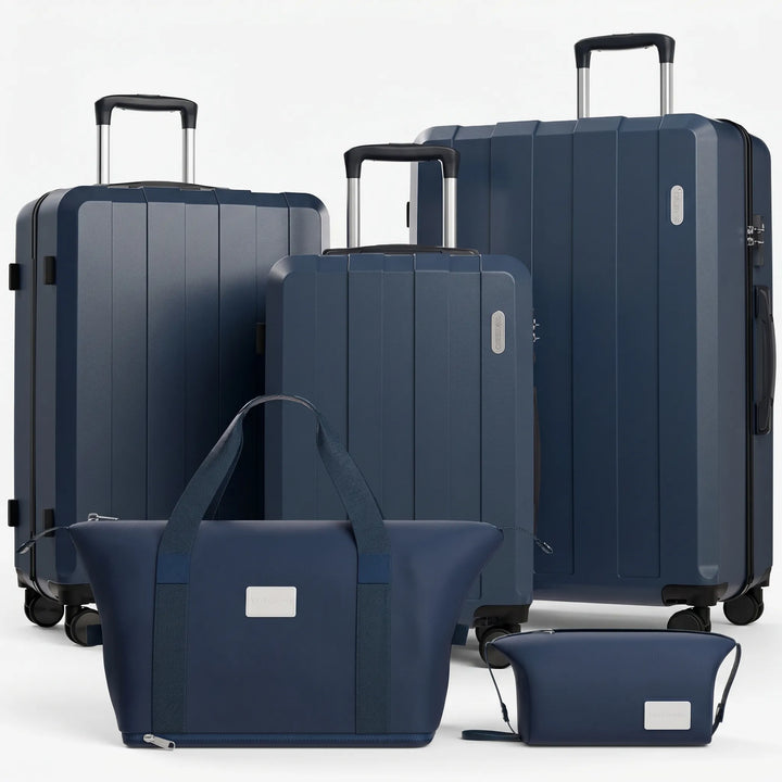 Fleksibelt 5-delt rejsekuffertsæt med 360-graders drejehjul og robust hardcase for nem transport.
