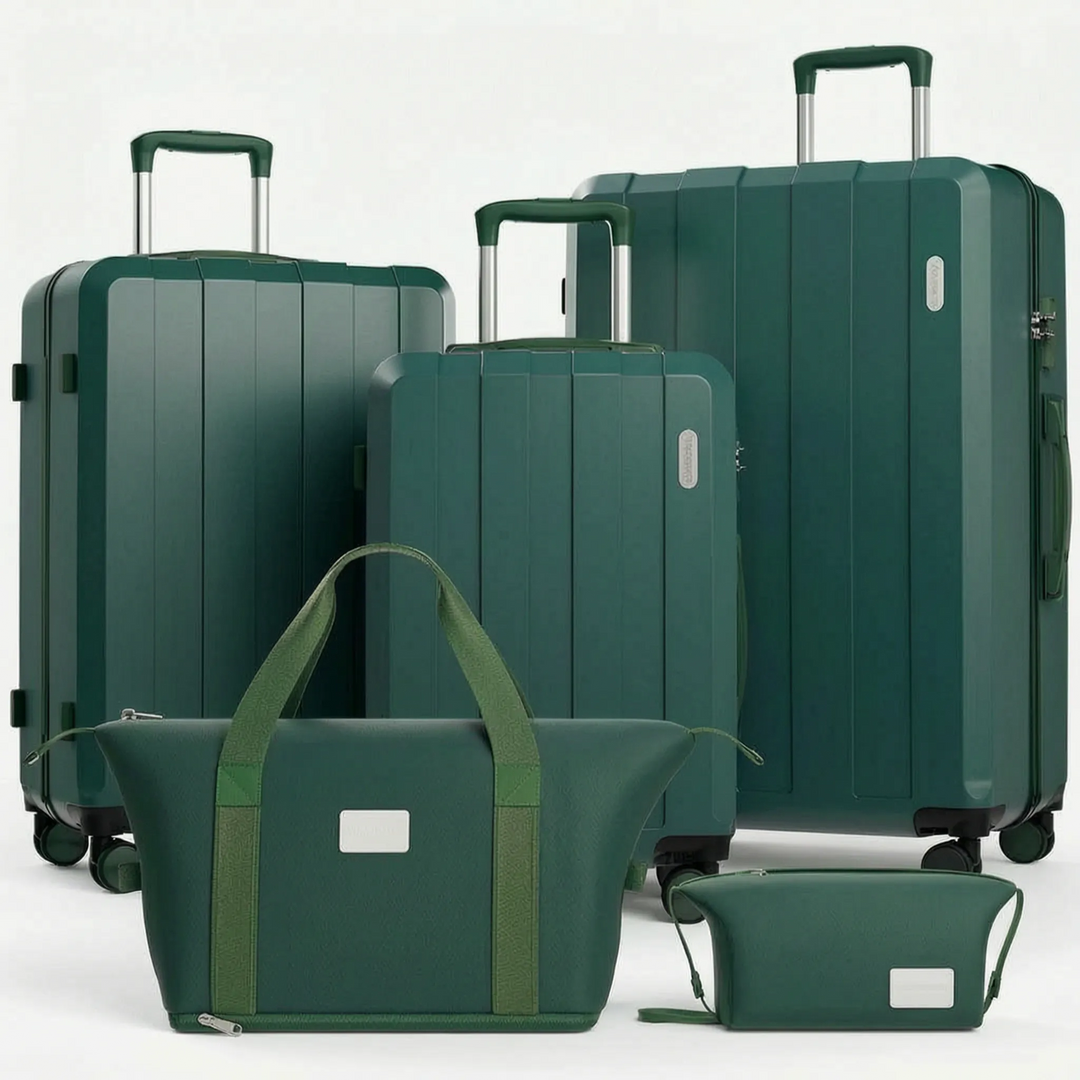 Sikkert 5-delt rejsekuffertsæt med indbygget TSA-lås, drejehjul og slidstærk hardcase til din bagage.