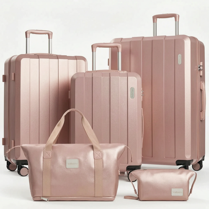 Stilrent 5-delt rejsekuffertsæt i hardcase design med drejehjul og TSA-lås; perfekt til den moderne rejsende.