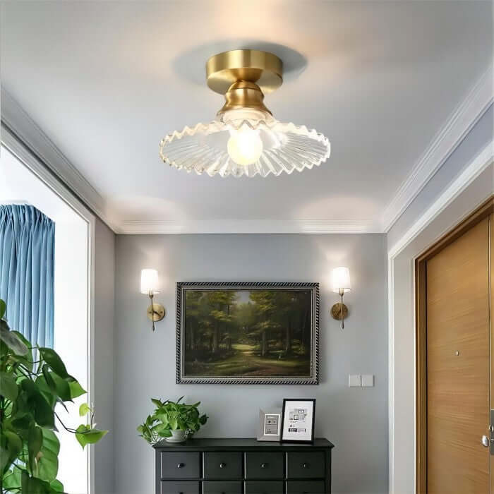 Vintage loftslampe i klart glas med rillede kronblade