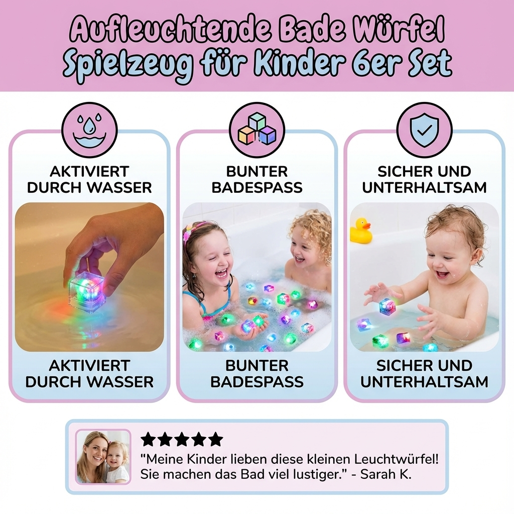 Et sæt med 6 farverige LED badekugler, designet som sjovt badelegetøj til småbørn i badet.