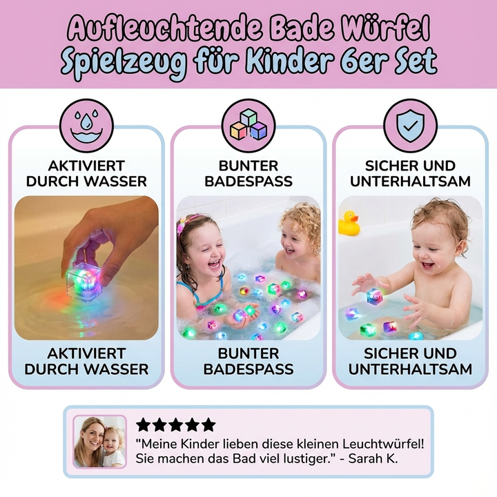 Et sæt med 6 farverige LED badekugler, designet som sjovt badelegetøj til småbørn i badet.