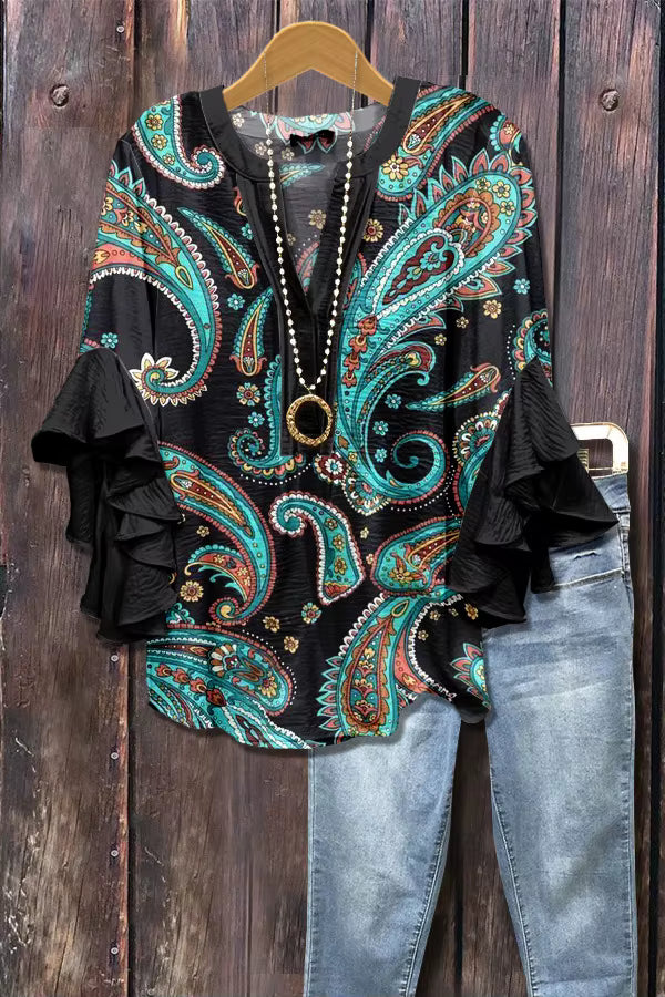 Elegant Damebluse med Kunstnerisk Print og Flæseærmer