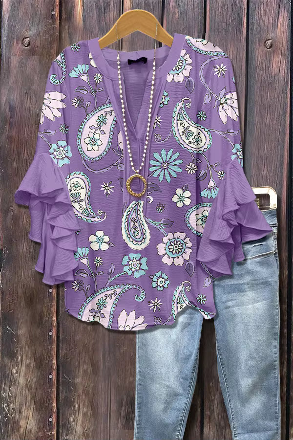 Elegant Damebluse med Kunstnerisk Print og Flæseærmer