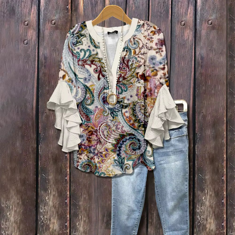 Elegant Damebluse med Kunstnerisk Print og Flæseærmer