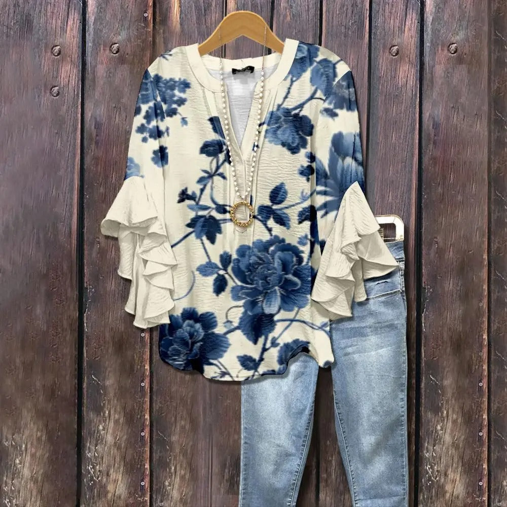 Dame Boheme Bluse med Flæseærmer – Afslappet Komfort og Stil