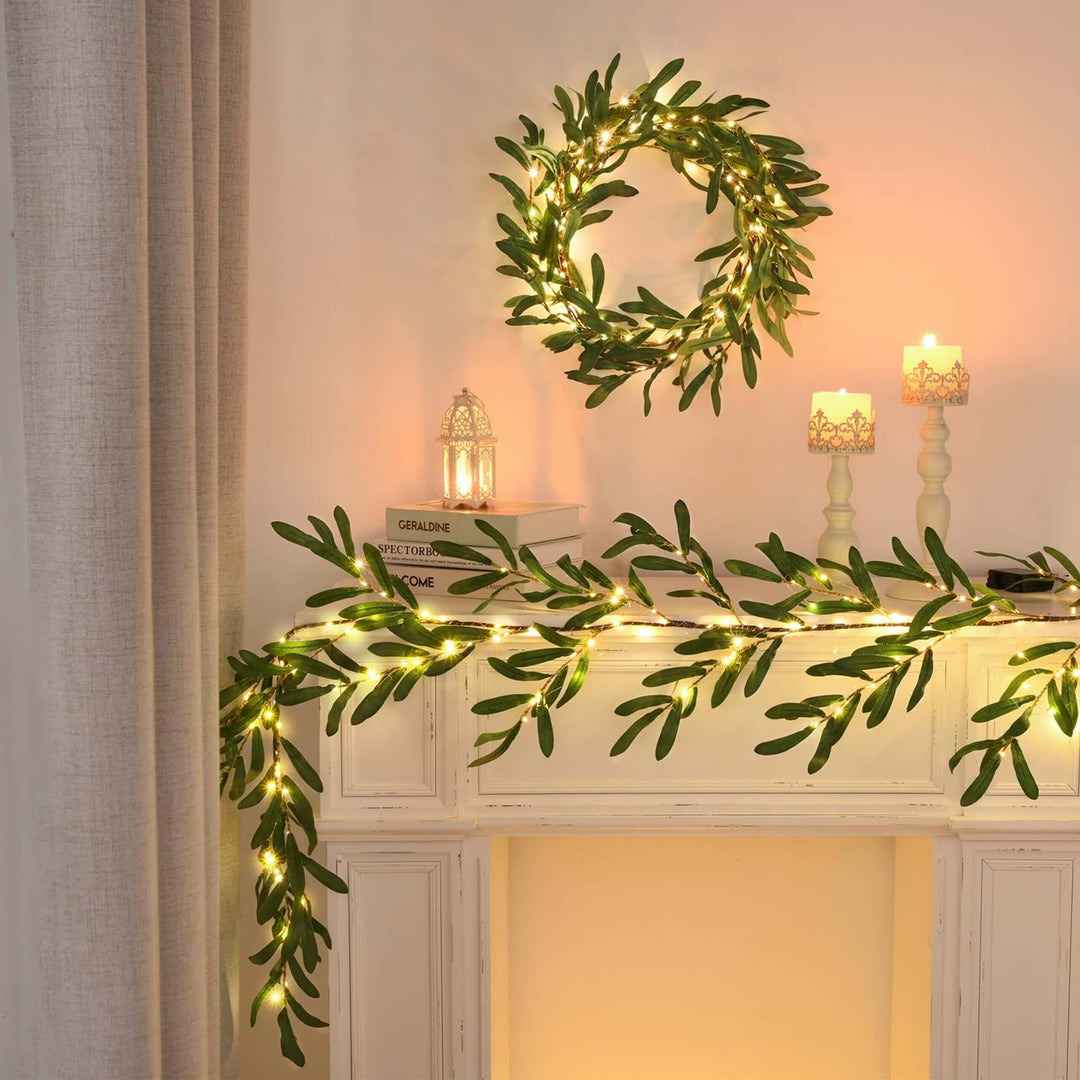 Fortryllet Olivengren Guirlande med 96 LED-lys