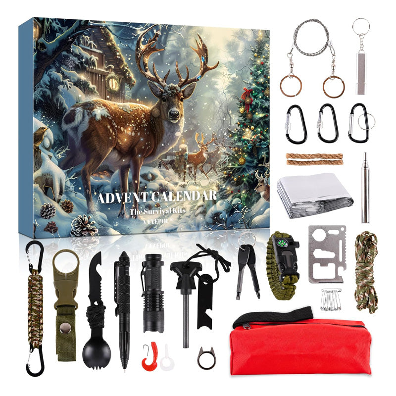 Adventskalender 2025 med ultimativt overlevelsessæt til outdoor. Perfekt julegave til eventyrlystne.