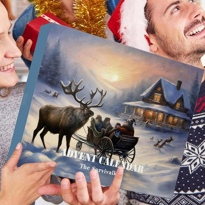 Kompakt kompas og kort fra adventskalender 2025's overlevelsessæt, vigtigt til vandring i naturen.