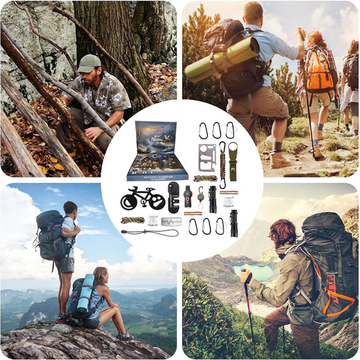 Alle 24 praktiske outdoor-genstande fra Adventskalender 2025, det ultimative overlevelsessæt.