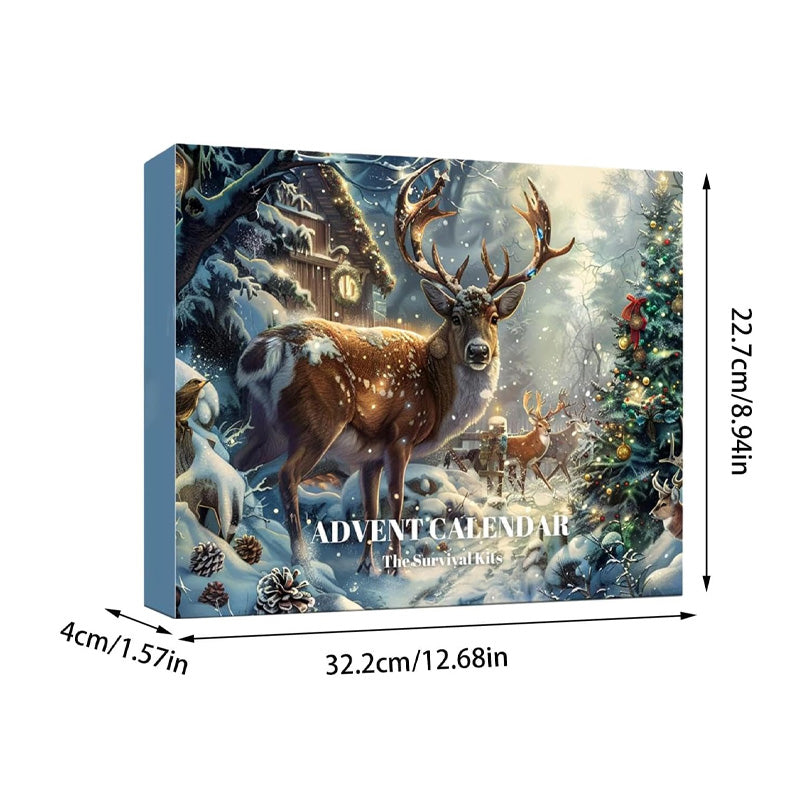 Åben adventskalender 2025 med glimt af praktisk outdoorudstyr. Klar til camping og vandring.