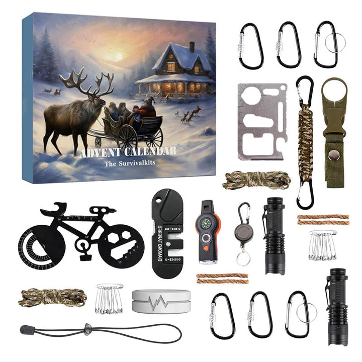 Adventskalender 2025 for outdoor-entusiaster. Overlevelsessæt klar til camping og eventyr i naturen.