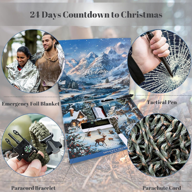 Diverse nødudstyr og praktiske værktøjer fra adventskalenderens overlevelsessæt for outdoor.