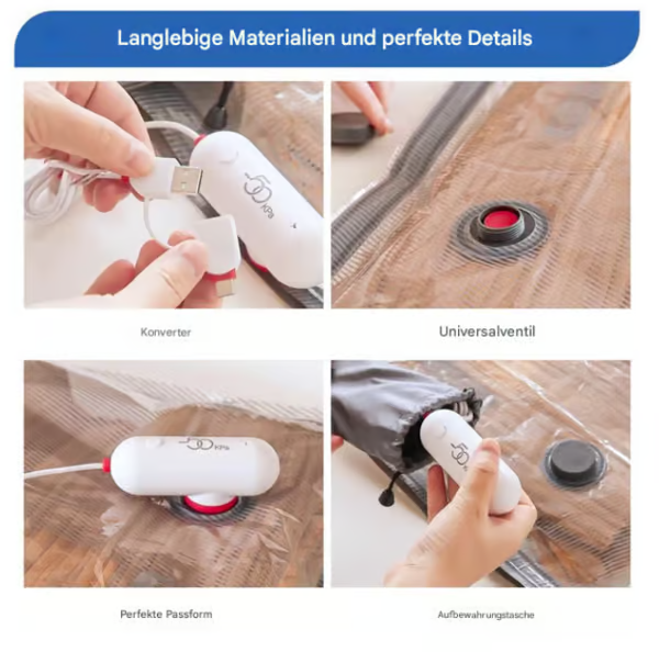 AirSqueeze Pro elektrisk vakuumpumpe oplades. Klar til effektiv tøjkomprimering på rejsen.