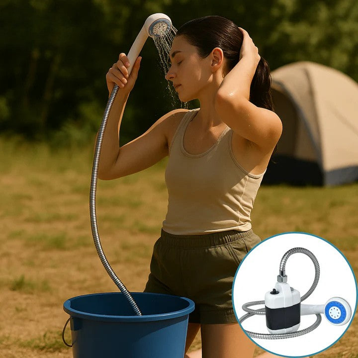 AquaPulse bærbar bruser til camping, vandreture, og udendørs rengøring. Nyd øjeblikkelig rensesfrihed.