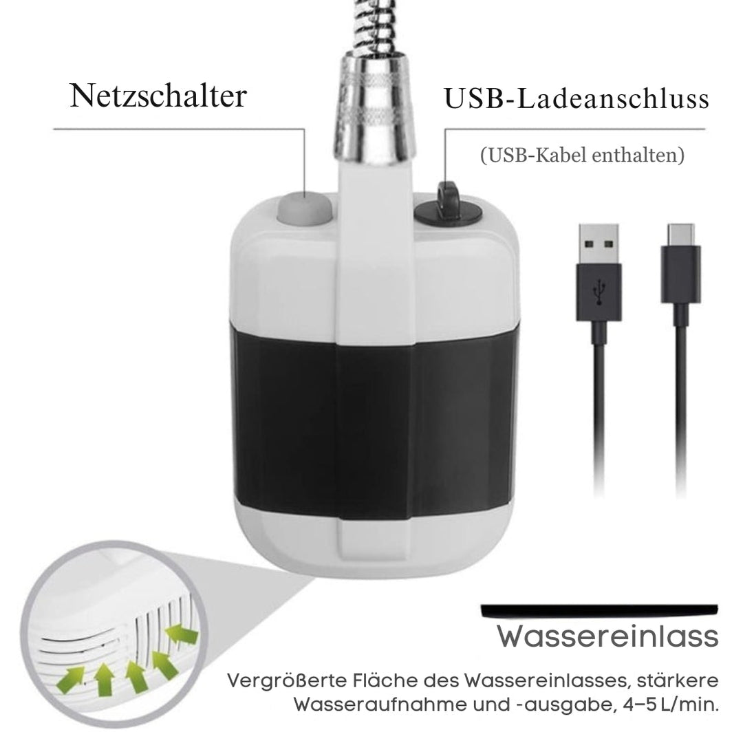 AquaPulse multifunktionel bærbar bruser til camping, strand, og alle dine udendørs behov. Nem at bruge.