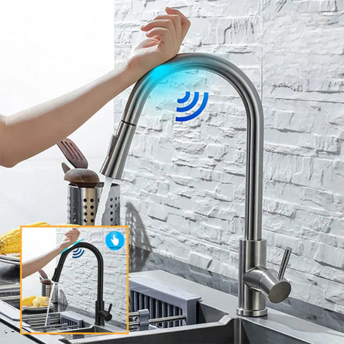 "AquaTouch sensorstyret køkkenhane i børstet stål med udtræksdesign, moderne og funktionelt til stilfuldt køkkenmiljø."