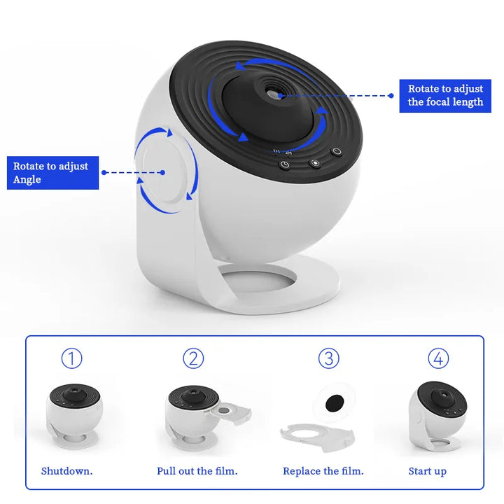 Avanceret stjerneprojektor med natlys, Bluetooth og levende galakse til børneværelset.