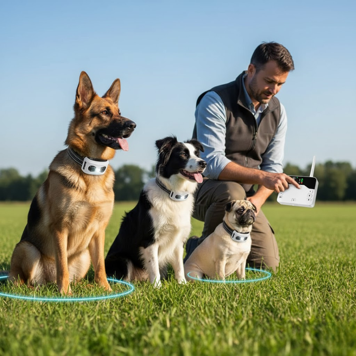 Trådløst hegn med vandtæt halsbånd til hundetræning; giver kæledyrssikkerhed i haven.