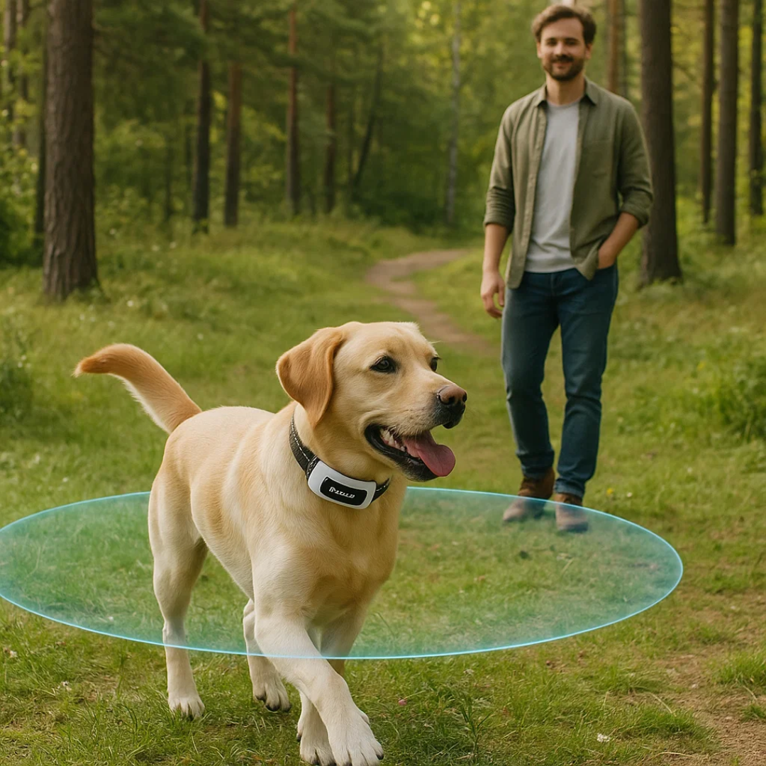 Pakken indeholder: trådløs sender, vandtæt halsbånd og oplader til hundesikring.
