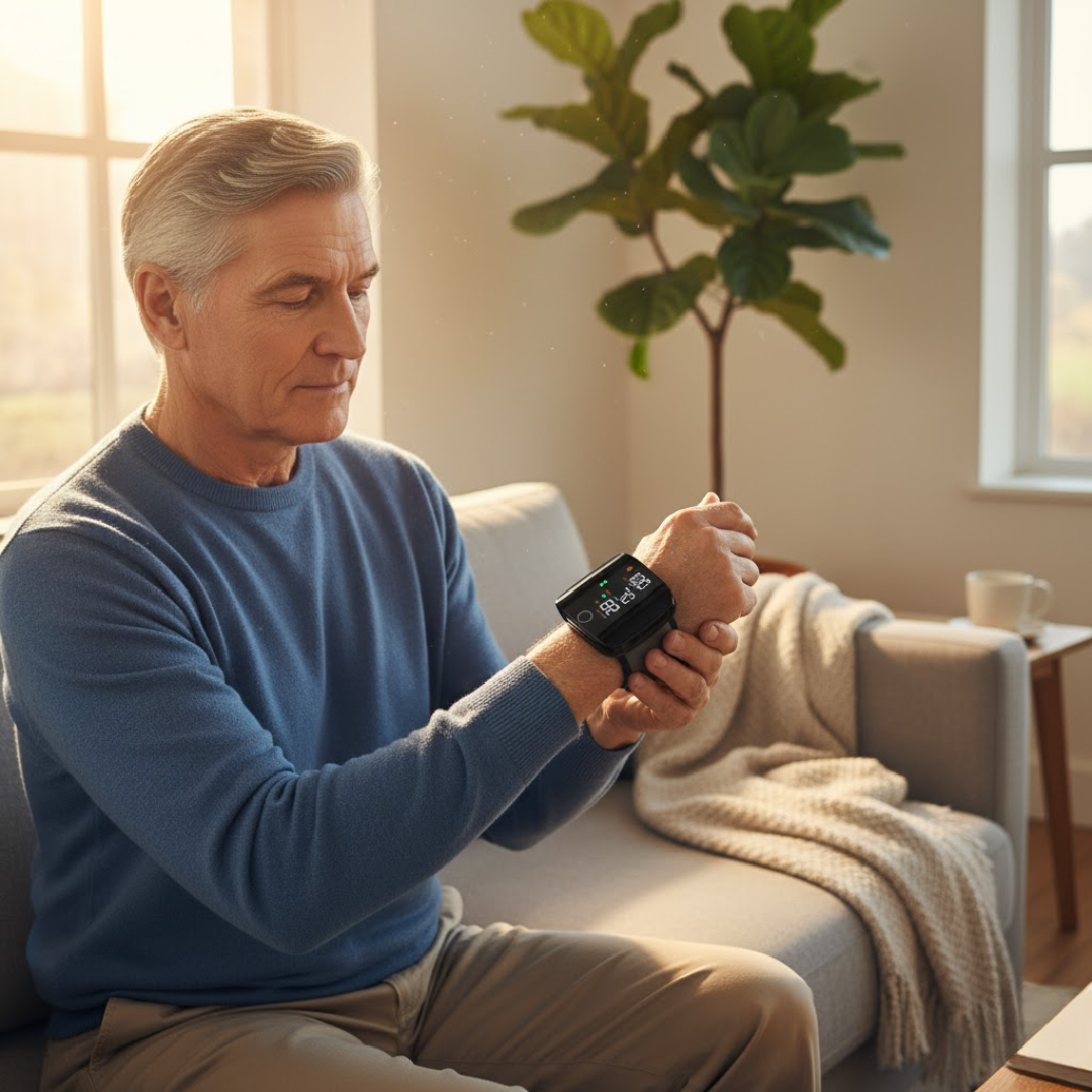 Person der bruger den digitale håndleds blodtryksmåler, viser ergonomisk design og LED-display.
