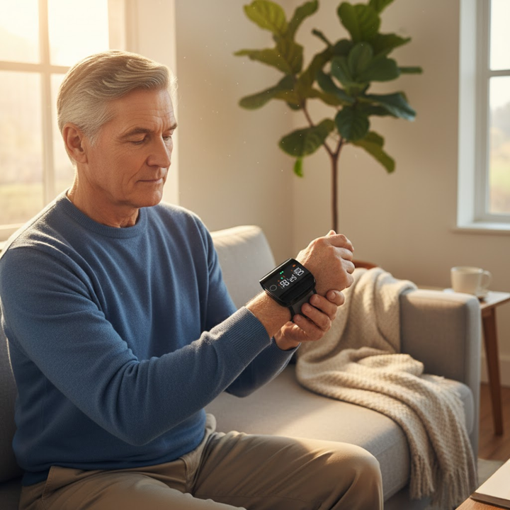 Person der bruger den digitale håndleds blodtryksmåler, viser ergonomisk design og LED-display.