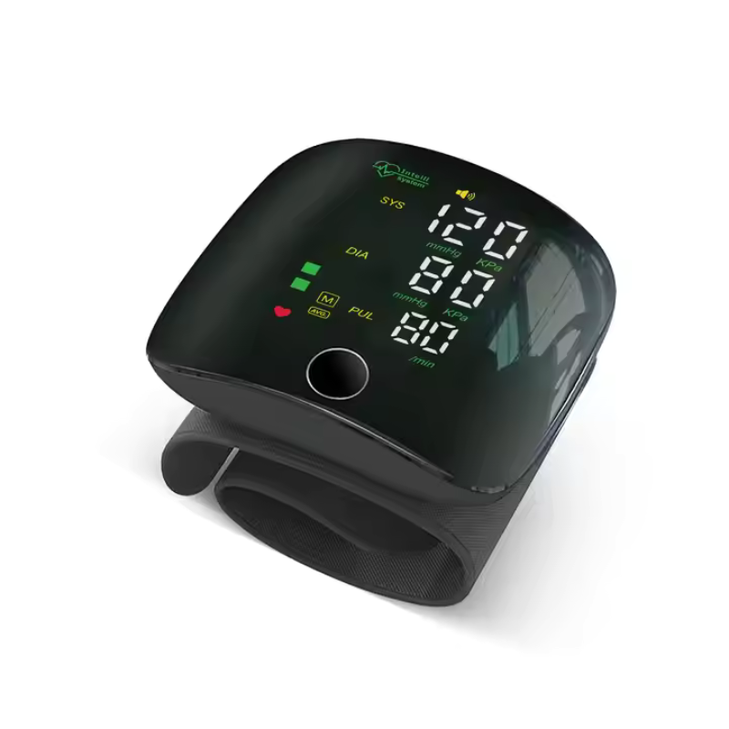 Bærbar håndleds blodtryksmåler set fra siden, fremhæver slankt design og LED-display.