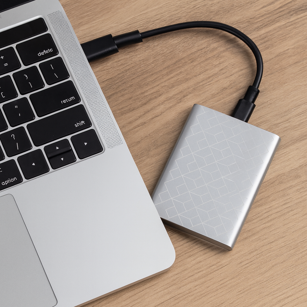 Bærbar ekstern SSD med elegant design, perfekt til hurtig og pålidelig datalagring.