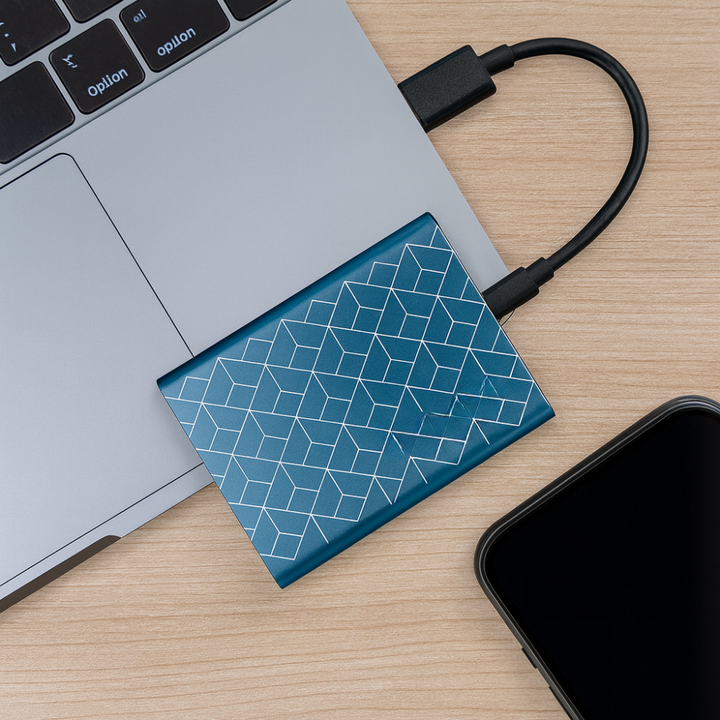 Mobil lagring: Kompakt ekstern SSD forbundet til smartphone for nem dataoverførsel og backup.