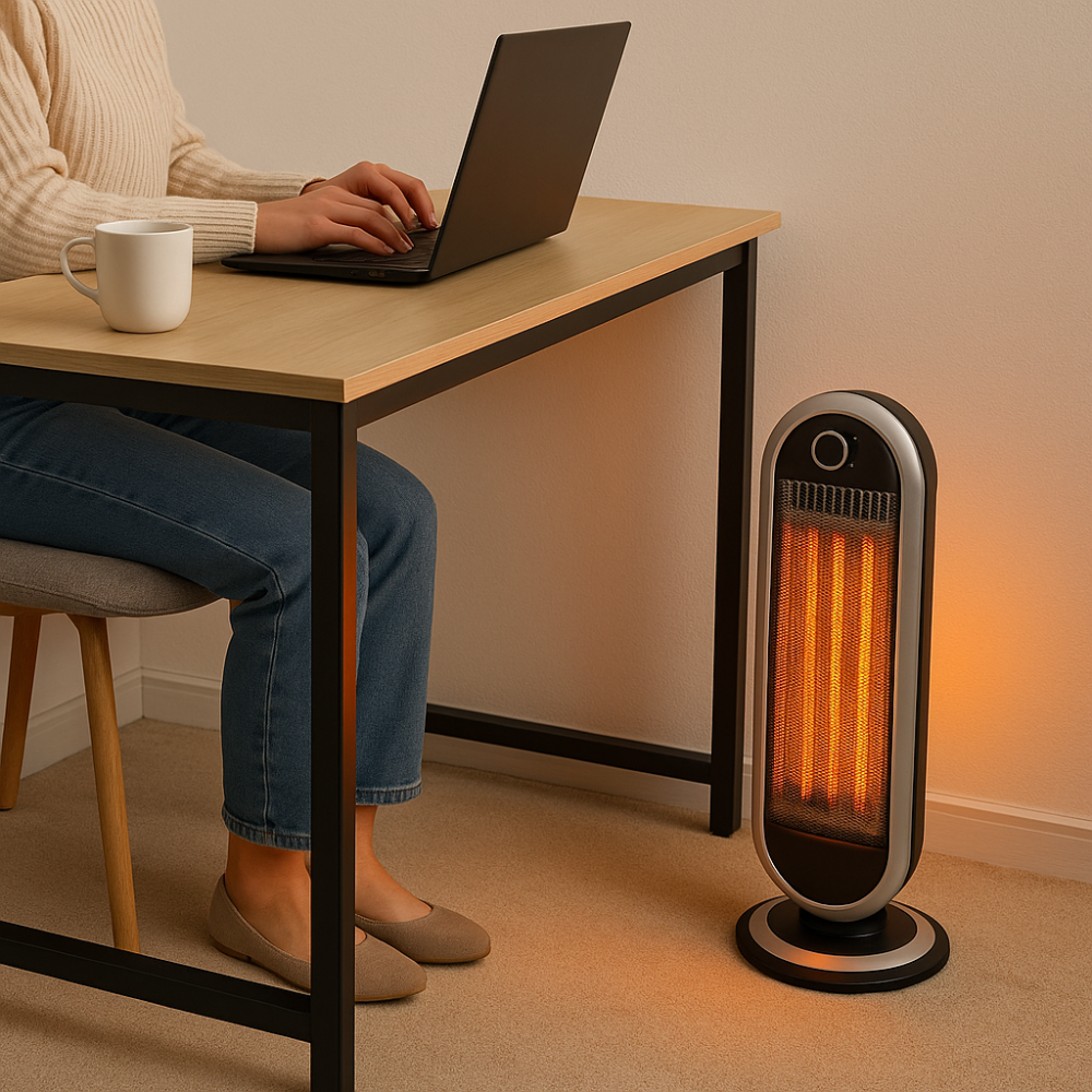 Sikker, svingbar elektrisk varmeovn. Infrarød rumvarmer med kompakt design og energibesparende funktioner.