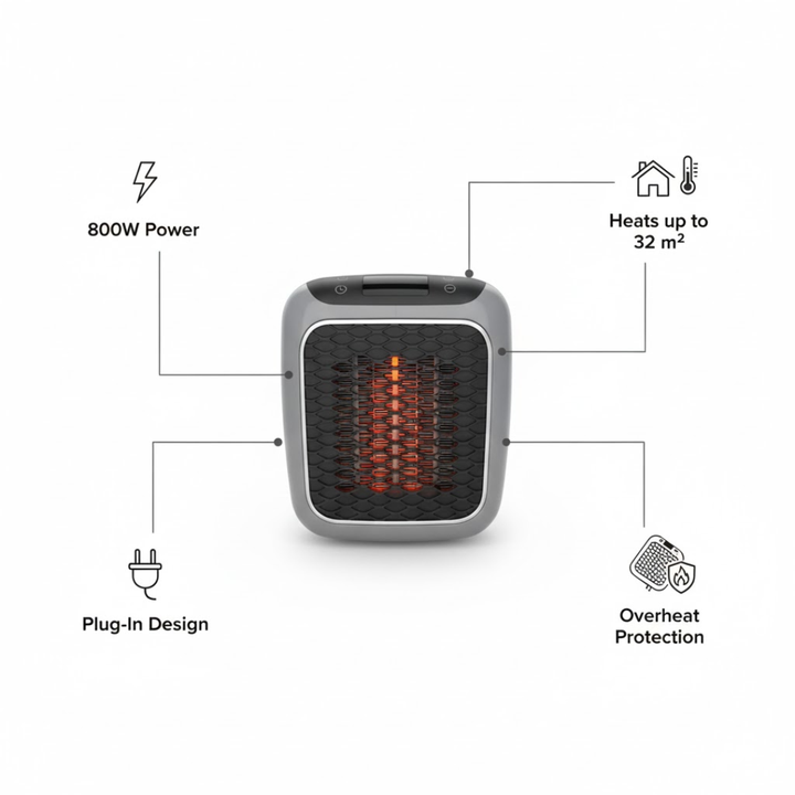 Energibesparende varmeblæser, ideel til hjemmekontoret. Stilfuld og effektiv.