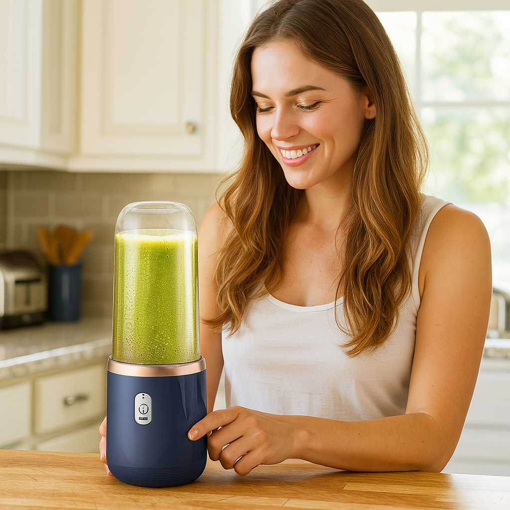 Billede af ledningsfri blender og aftagelig To Go-kop. Genopladelig for nem brug overalt.