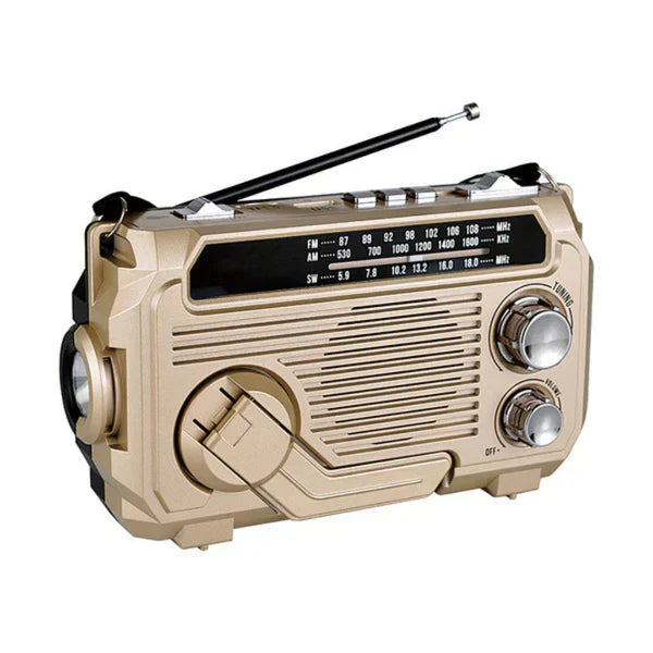 Kompakt nødradio med solcelle og håndsving til camping og overlevelse. Fungerer også som powerbank til telefoner.