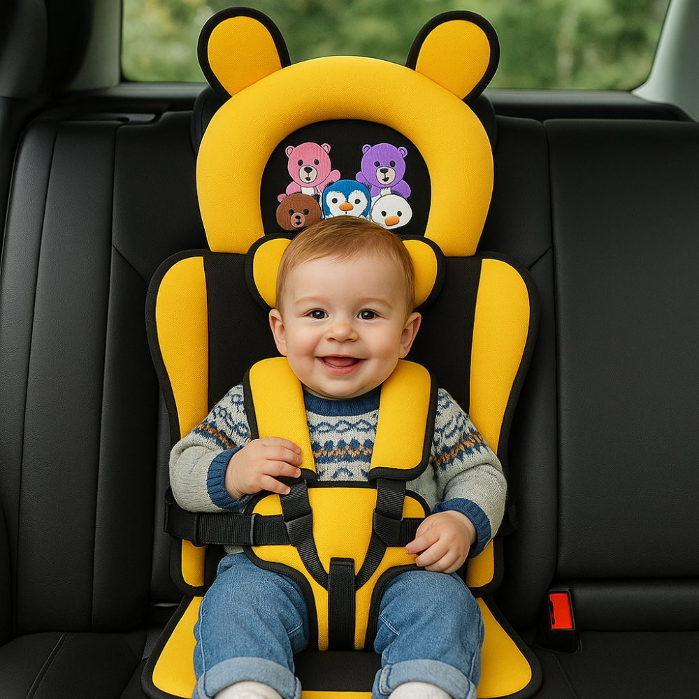 Bærbar sikkerhedssele til babystole i blå nylon, sikrer barnet under måltider og rejser.